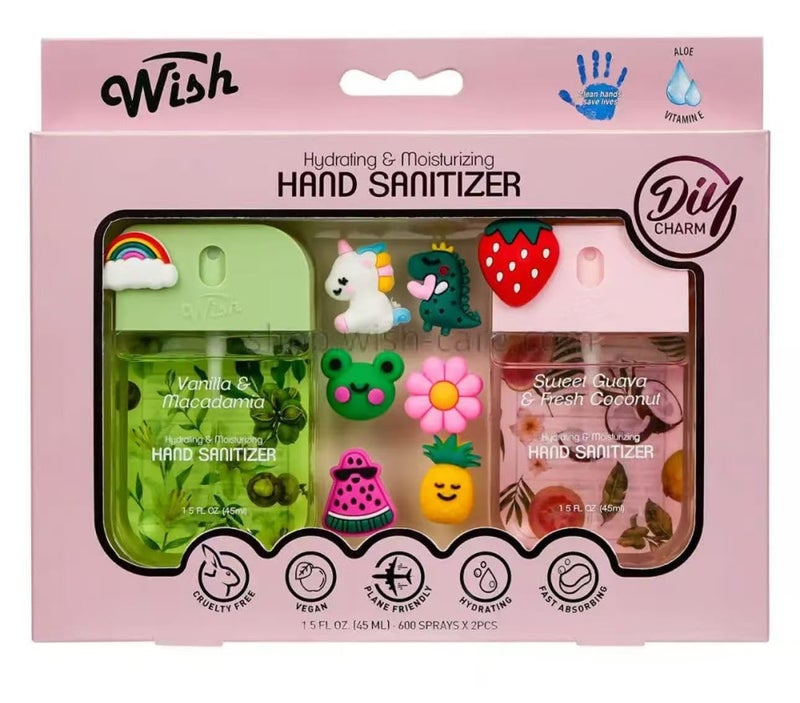 Wish Diy Charm Hand Sanitizer Spary Travel Size Spray 2-Pack Gift Box 1.5 FL OZ (45ML) Each, Dragonfruit, Coconut Cream, Golden Citrus,Cucumber,Sweet Guava Hydrating and Moisturizing, (4) - Image 1